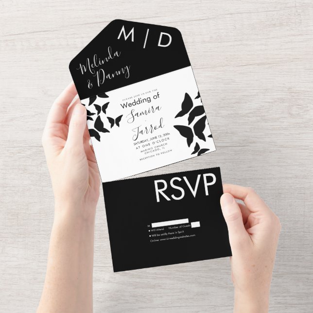 Butterflies Black White Typography  All In One Invitation (Tearaway)