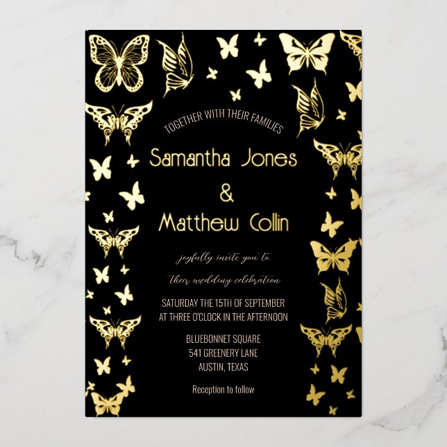 Butterflies Boho Black Gold Foil Wedding (Front)
