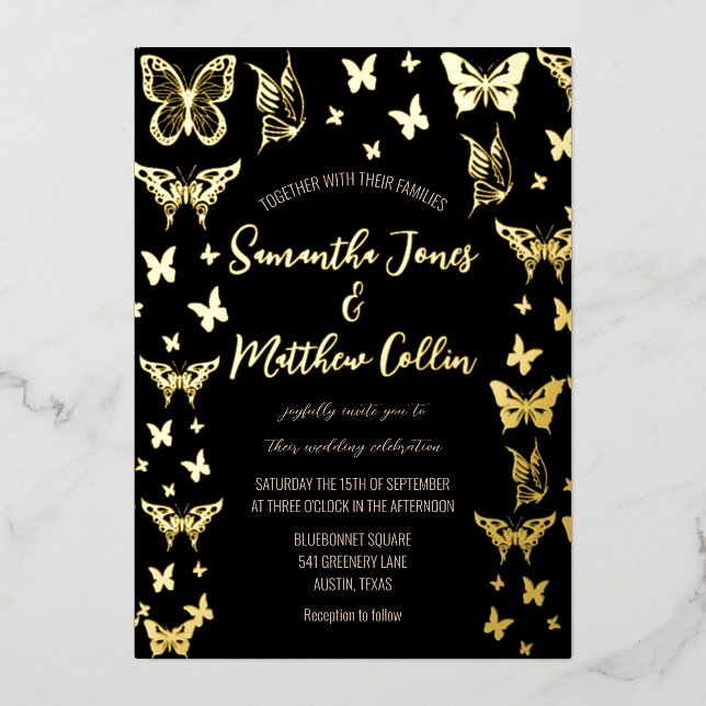 Butterflies Boho Black Gold Foil Wedding (Front)