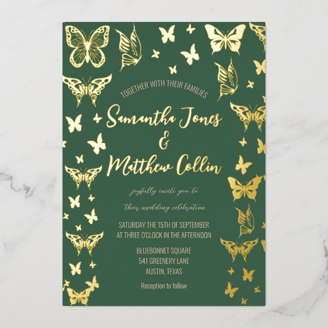 Butterflies Boho Green Gold Foil Wedding (Front)