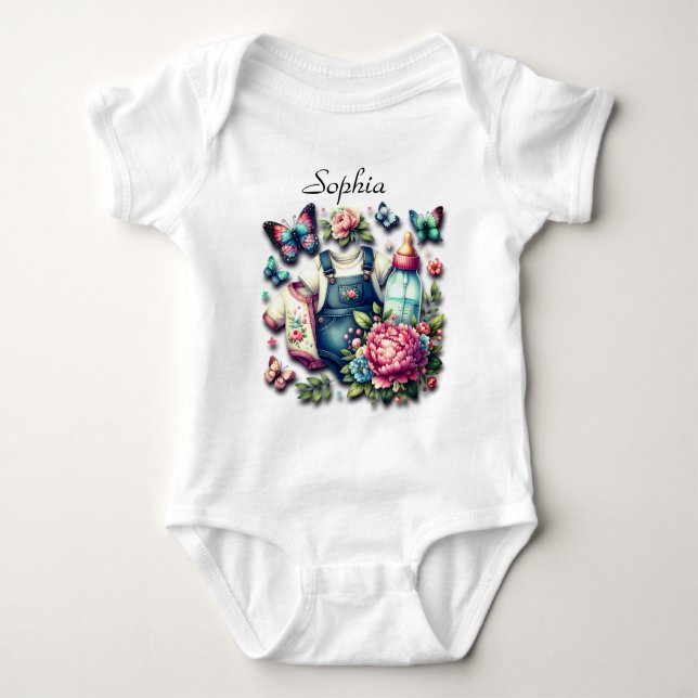 Butterflies, Bottle Water and Blue Jeans Spring Baby Bodysuit (Front)