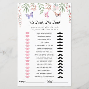 Butterflies Bridal Shower Game He Said She Said