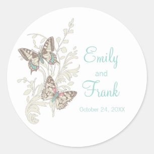 Butterflies brown aqua pink wedding sticker