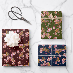 Butterflies & Cherry Blossoms Marooon Blue & Green Wrapping Paper Sheet