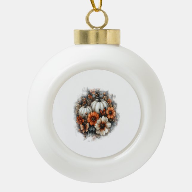 Butterflies Country Pumpkin Ceramic Ball Christmas Ornament (Front)