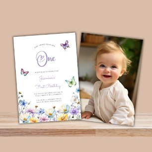 butterflies cute photo 1st  birthday wildflower  invitation