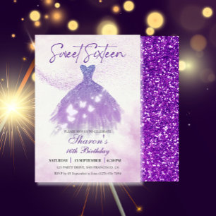 Butterflies Dance Glitter Purple Dress Sweet 16  Invitation