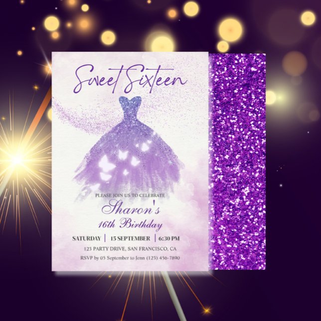 Butterflies Dance Glitter Purple Dress Sweet 16  Invitation (Sweet Sixteen Butterflies Dress Party Invitation)