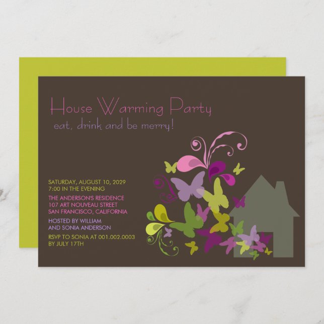 Butterflies & Deco Leaves House Warming Party Invitation (Front/Back)