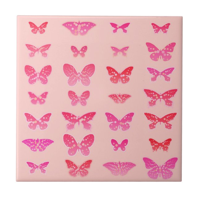 Butterflies, deep pink, pale pink background ceramic tile (Front)