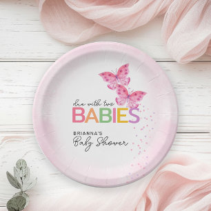 Butterflies Due with Two Twin Girls Baby Shower Paper Plate
