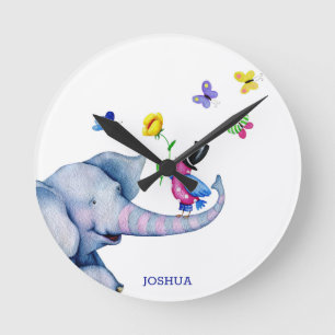 Butterflies Elephant And Bird Round Clock