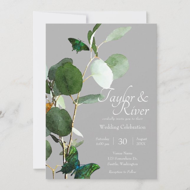 Butterflies & Eucalyptus | Grey Wedding Invitation (Front)