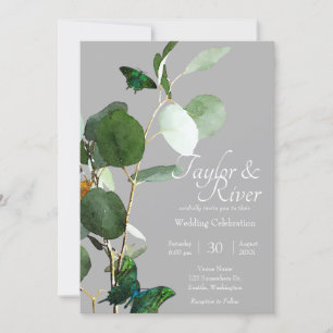 Butterflies & Eucalyptus   Grey Wedding Invitation