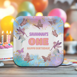 Butterflies Fairy Gold Glitter 1st Birthday Party Paper Plate