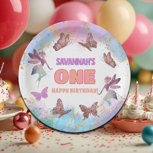 Butterflies Fairy Gold Glitter 1st Birthday Party Paper Plate