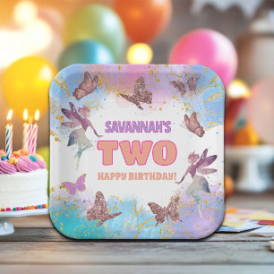 Butterflies Fairy Gold Glitter 2nd Birthday Party Paper Plate