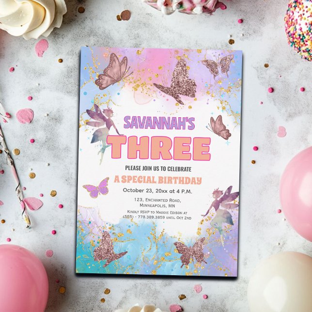 Butterflies Fairy Gold Glitter 3rd Birthday Party Invitation (Creator Uploaded)