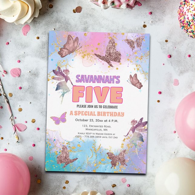 Butterflies Fairy Gold Glitter 5th Birthday Party Invitation (Creator Uploaded)