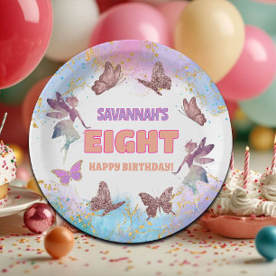 Butterflies Fairy Gold Glitter 8th Birthday Party Paper Plate