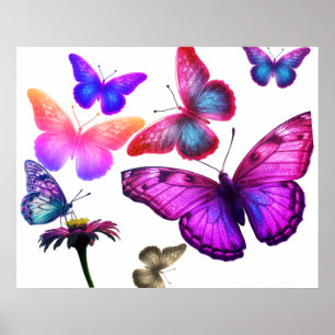 Butterflies Feeding and Flying Around on Colourful Poster