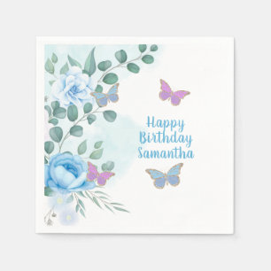 Butterflies Floral Blue Purple Gold Birthday Napkin