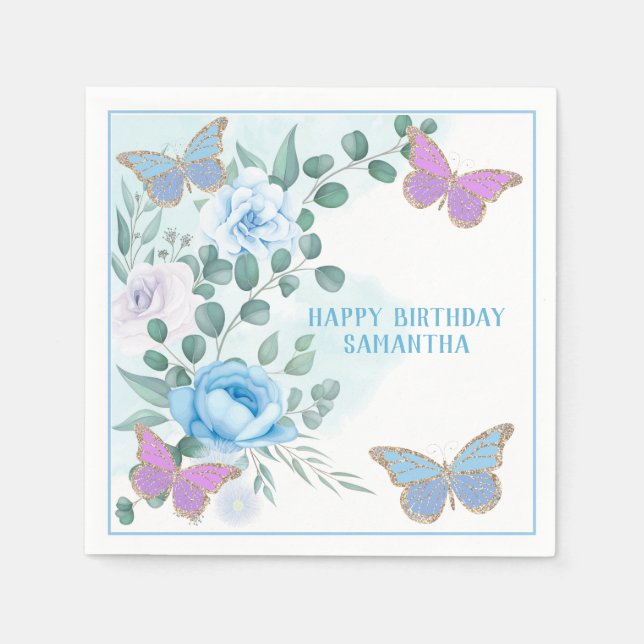  Butterflies Floral Blue Purple Gold Birthday   Napkin (Front)