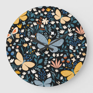 Butterflies Floral: Hand Drawn Seamless. Large Clock