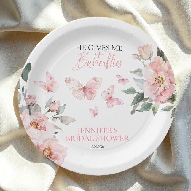 Butterflies Floral Pink Blush Bridal Shower Paper Plate (Creator Uploaded)