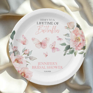Butterflies Floral Pink Blush Bridal Shower Paper Plate