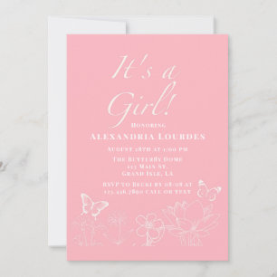 Butterflies & Floral Pink White Girl Baby Shower  Invitation