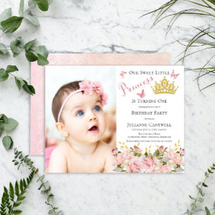 Butterflies Floral Princess Photo 1st Birthday Invitation