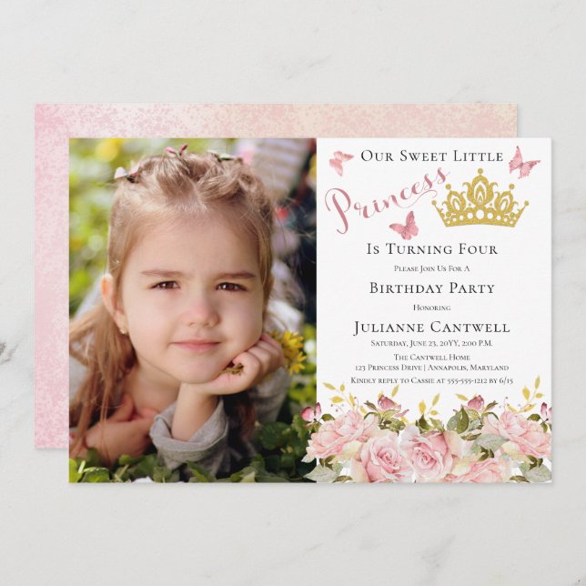 Butterflies Floral Princess Photo 4th Birthday Invitation (Front/Back)