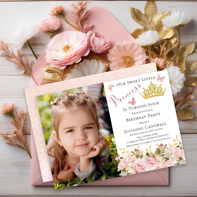 Butterflies Floral Princess Photo 4th Birthday Invitation (Butterflies Floral Princess Photo 4th Birthday Invitation - Print and/or Digital Download)