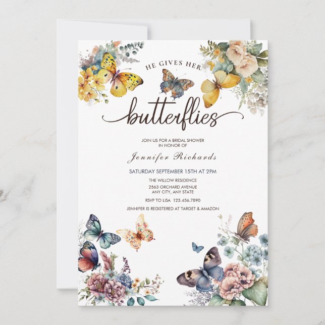 Butterflies Floral | Watercolor Bridal Shower  Invitation (Front)