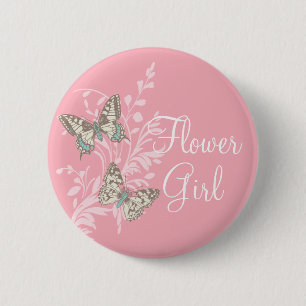 Butterflies flower girl pink wedding pin / button