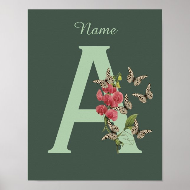 Butterflies Flower Monogram Initial A Personalised Poster (Front)