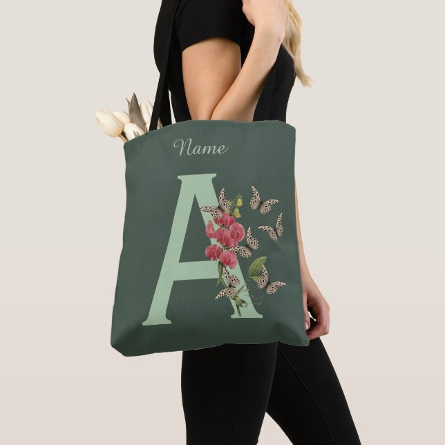 Butterflies Flower Monogram Initial A Personalised Tote Bag (Close Up)