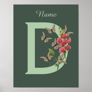 Butterflies Flower Monogram Initial D Name  Poster