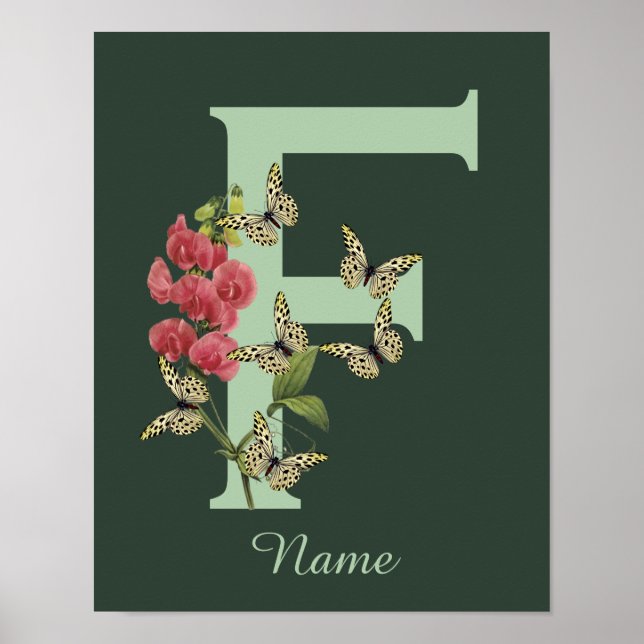 Butterflies Flower Monogram Initial F Personalised Poster (Front)