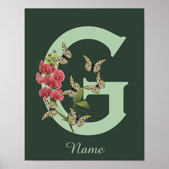 Butterflies Flower Monogram Initial G Personalised Poster (Front)
