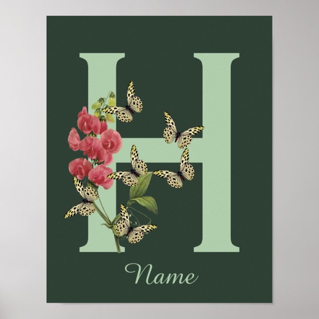 Butterflies Flower Monogram Initial H Personalised Poster (Front)