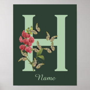 Butterflies Flower Monogram Initial H Personalized Poster