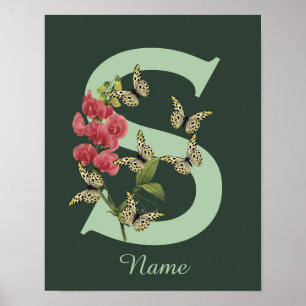 Butterflies Flower Monogram Initial S Personalised Poster