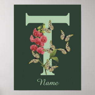 Butterflies Flower Monogram Initial T Personalised Poster