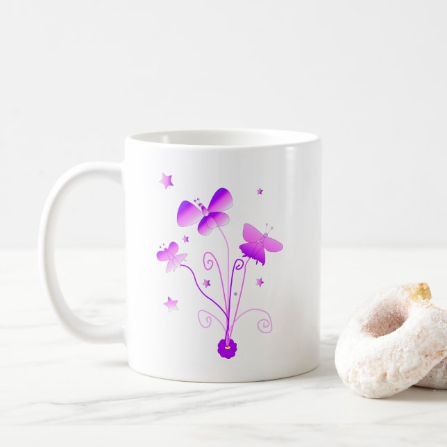 Butterflies Flower Pink Purple Girly Swirls Coffee Mug (With Donut)