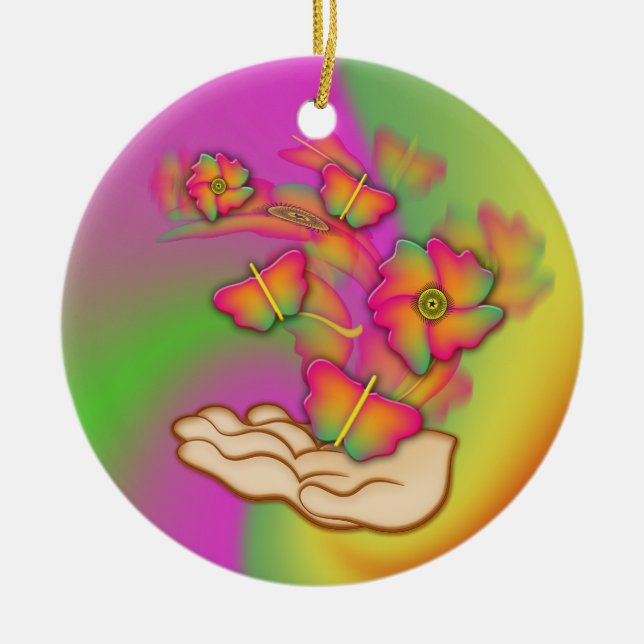 Butterflies & Flowers Ceramic Tree Decoration (Front)