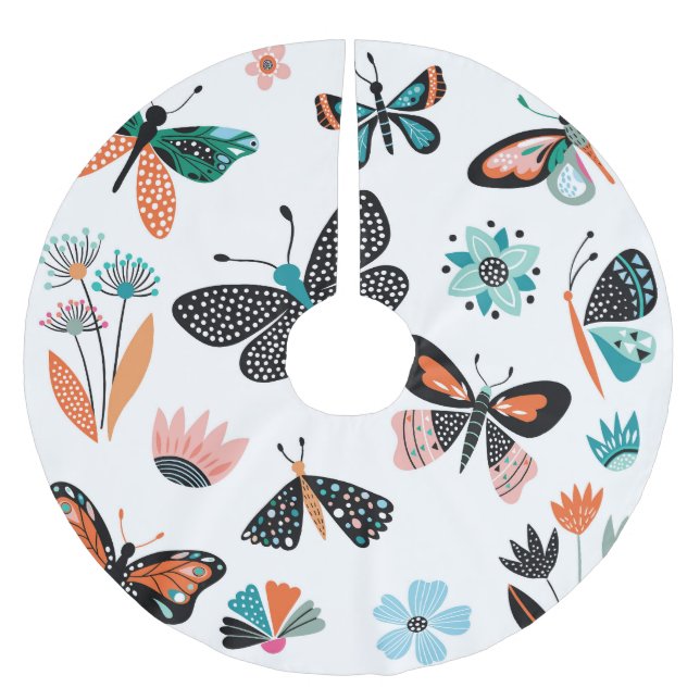 Butterflies Flowers: Hand Drawn Collection Brushed Polyester Tree Skirt (Front)