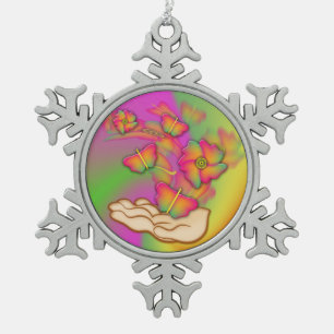 Butterflies & Flowers Snowflake Pewter Christmas Ornament