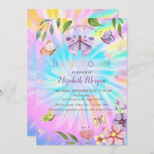  Butterflies Flowers Tie Dye Baby Shower  Invitation (Front/Back)